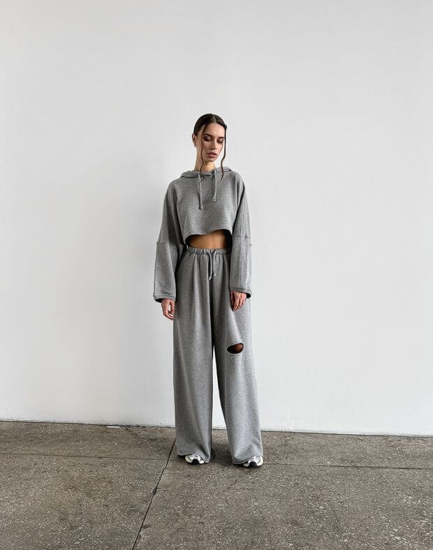 Комплект літній худі вкорочений оверсайз і штани прямі з розрізом, сірий меланж - Фото 3