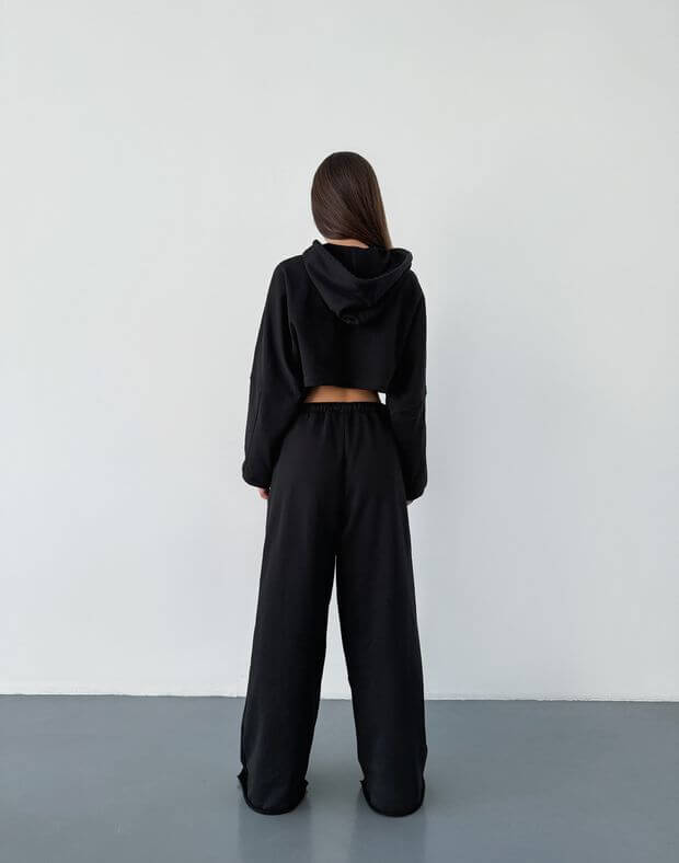 Комплект літній худі вкорочений оверсайз і штани прямі з розрізом, чорний - Фото 2
