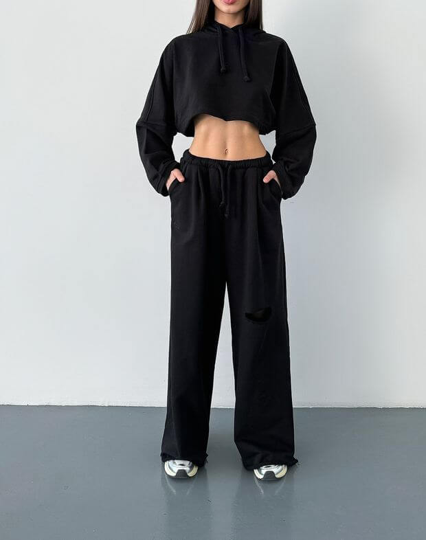 Комплект літній худі вкорочений оверсайз і штани прямі з розрізом, чорний - Фото 1