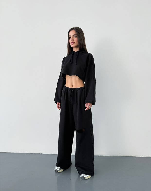 Комплект літній худі вкорочений оверсайз і штани прямі з розрізом, чорний - Фото 3