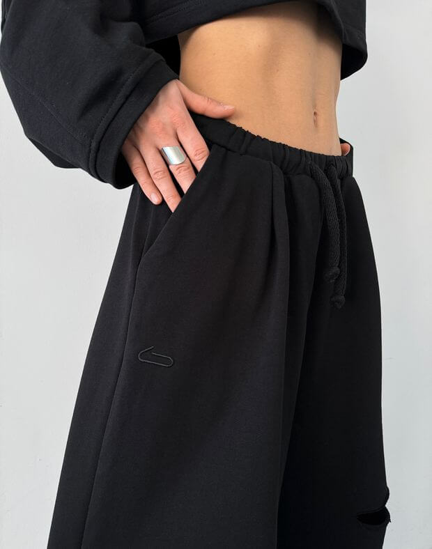 Letnie proste spodnie oversize, czarny - Фото 5