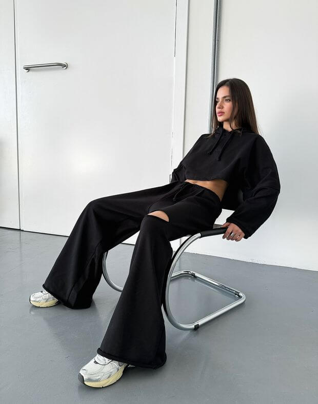 Комплект літній худі вкорочений оверсайз і штани прямі з розрізом, чорний - Фото 4
