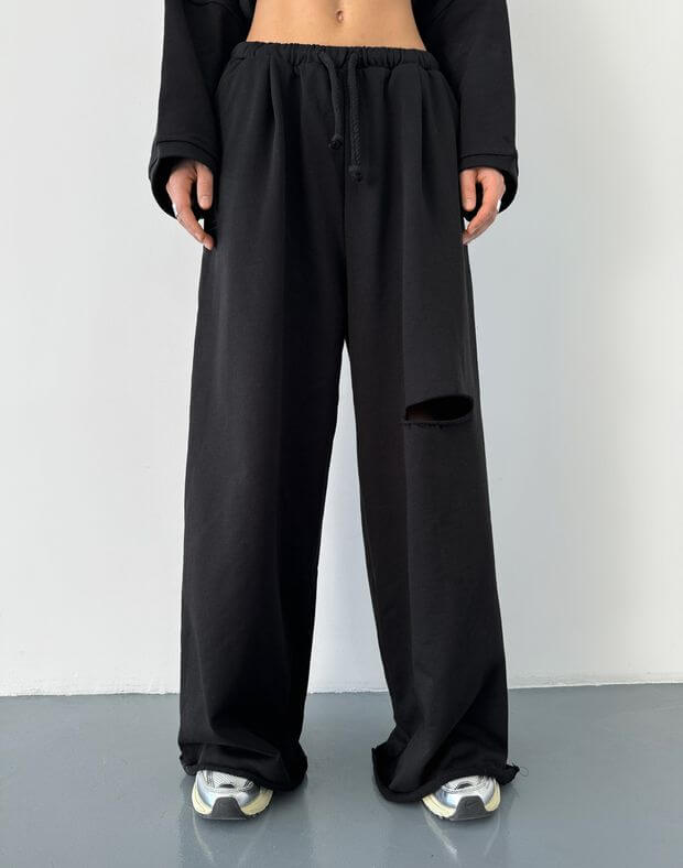Letnie proste spodnie oversize, czarny - Фото 1