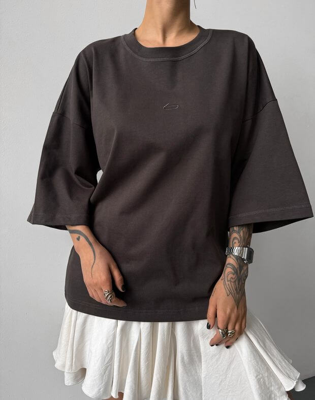 T-shirt damski oversize z długim rękawem, grafitowy - Фото 1