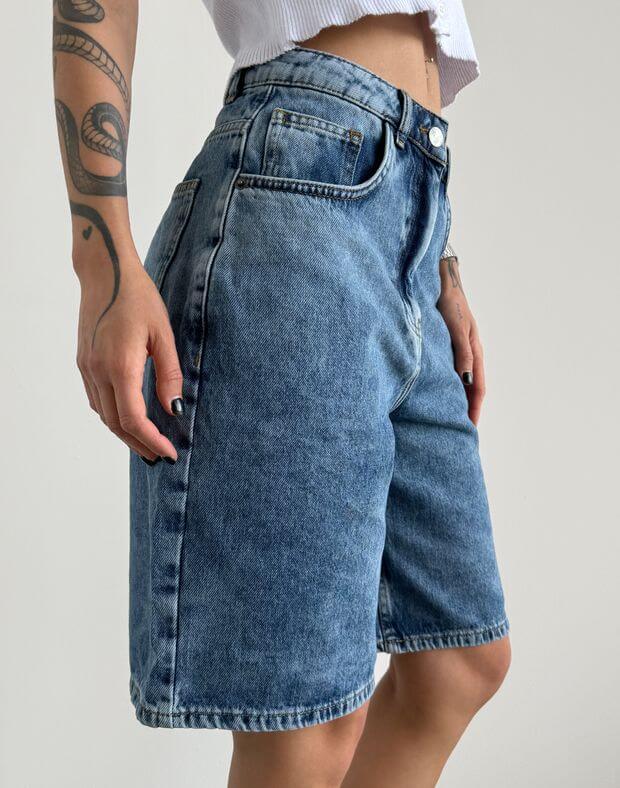 Шорти джинсові класичної довжини оверсайз, сині - Фото 8