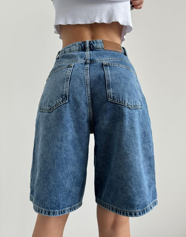 Шорти джинсові класичної довжини оверсайз, сині - Фото 2