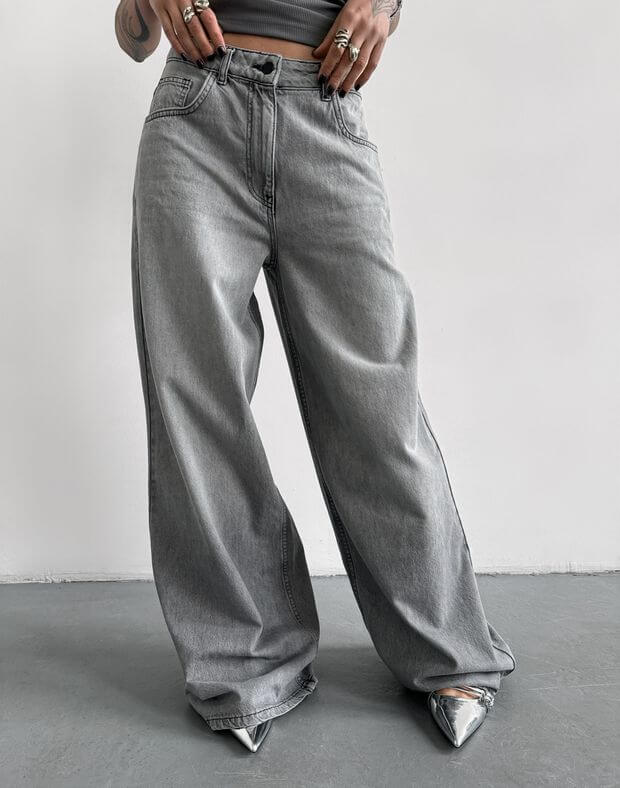 Letnie jeansy baggy typu oversize, szary - Фото 1