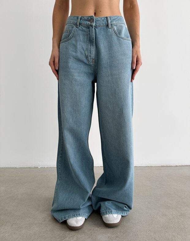 Letnie jeansy baggy typu oversize, gotowany niebieski - Фото 1