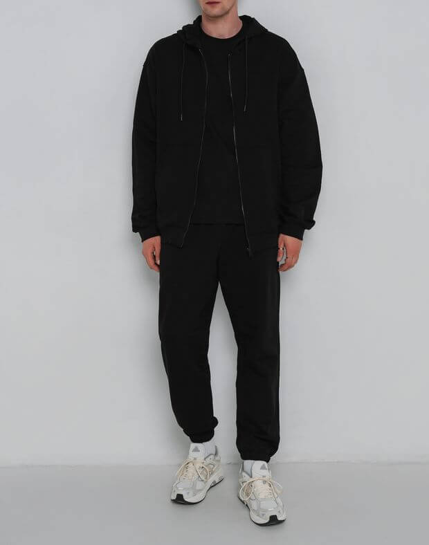 Комплект чоловічий літній, худі-зіпер та штани-джогери, чорні - Фото 1