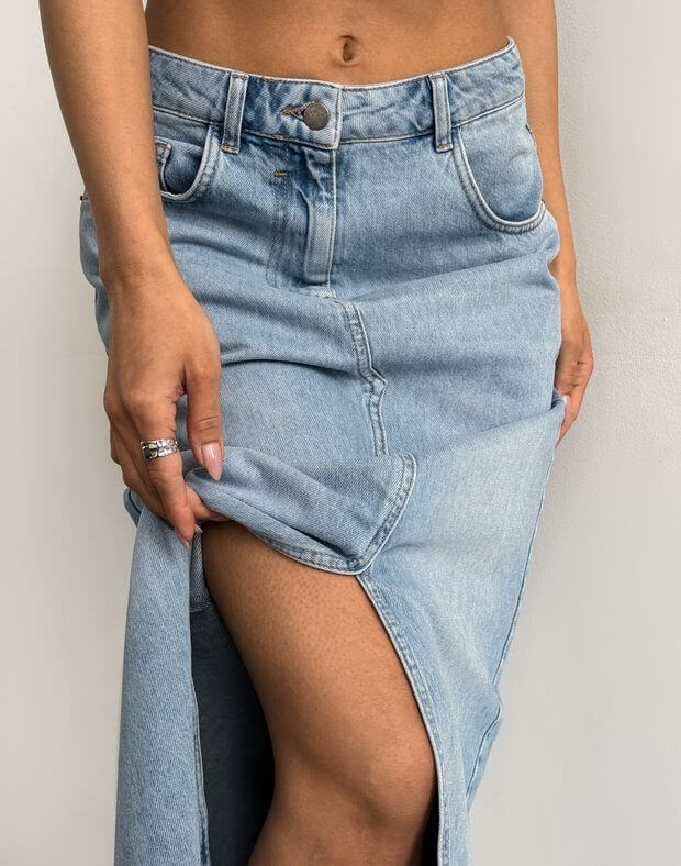 Spódnica maxi z rozcięciem dżinsem, błękitny - Фото 5