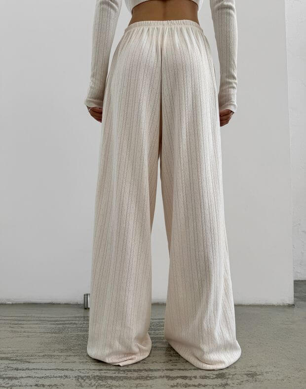 Spodnie w stylu piżamy z perforowanej dzianiny, kremowy - Фото 2