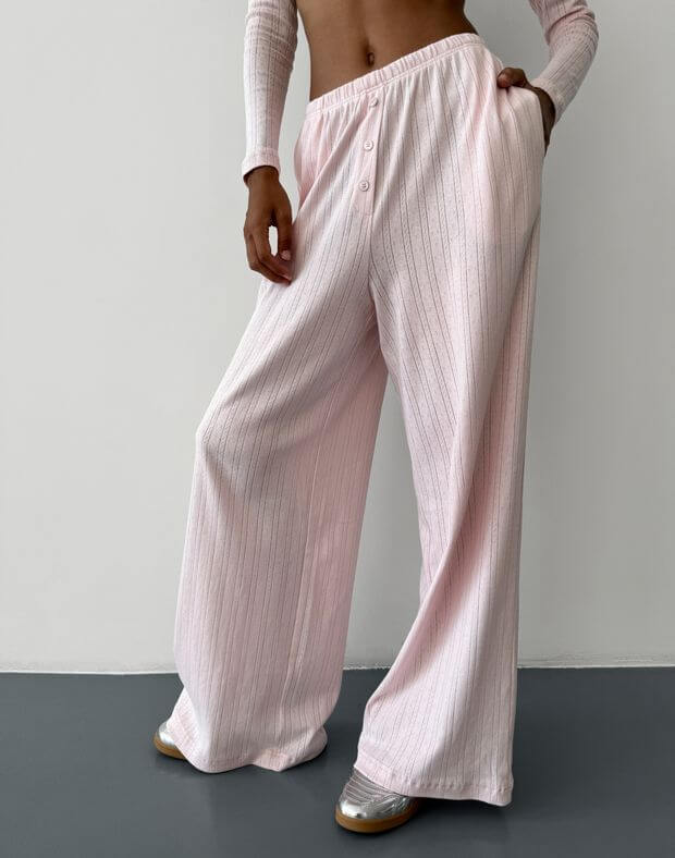 Штани в піжамному стилі з перфорованого трикотажу, рожеві - Фото 1