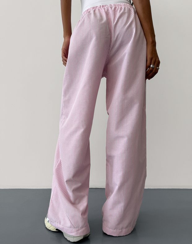 Casualowe bawełniane spodnie w stylu piżamy, białe z różowym paskiem - Фото 2