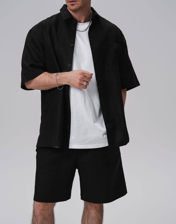 Комплект чоловічий з текстурної тканини шорти та сорочка, чорні - Фото 1