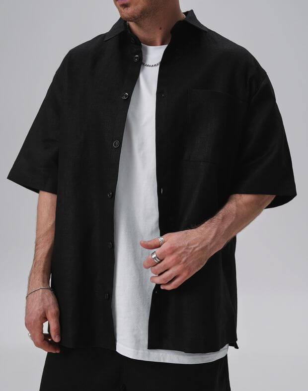 Сорочка чоловіча з текстурної тканини, чорні - Фото 1