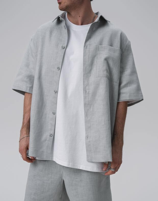 Комплект чоловічий з текстурної тканини шорти та сорочка, сіро-блакитні - Фото 8