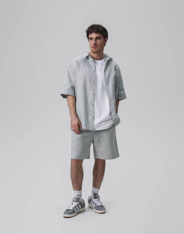 Комплект чоловічий з текстурної тканини шорти та сорочка, сіро-блакитні - Фото 3