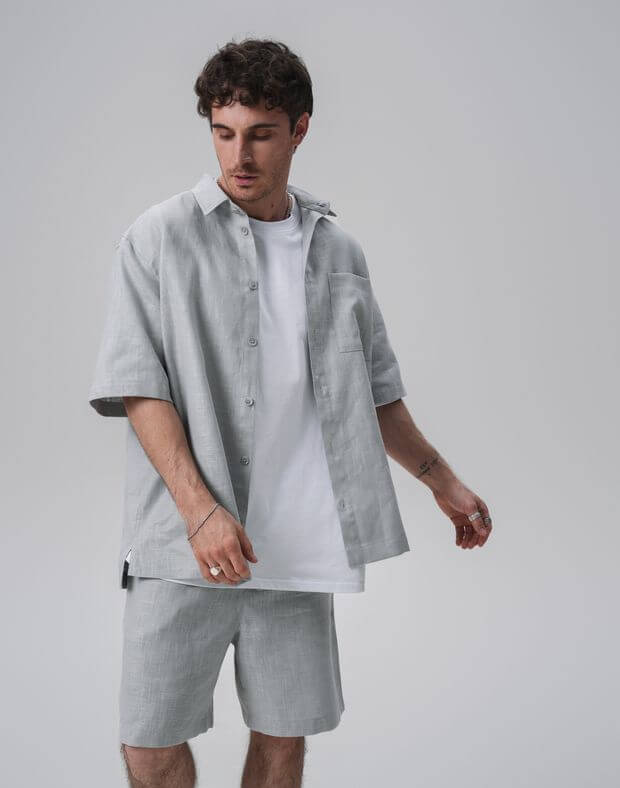Комплект чоловічий з текстурної тканини шорти та сорочка, сіро-блакитні - Фото 1