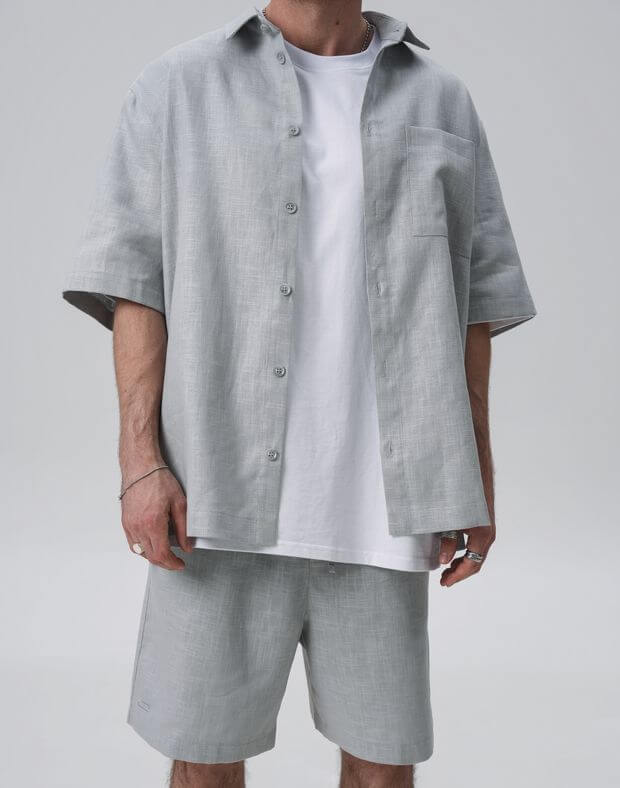 Комплект чоловічий з текстурної тканини шорти та сорочка, сіро-блакитні - Фото 5
