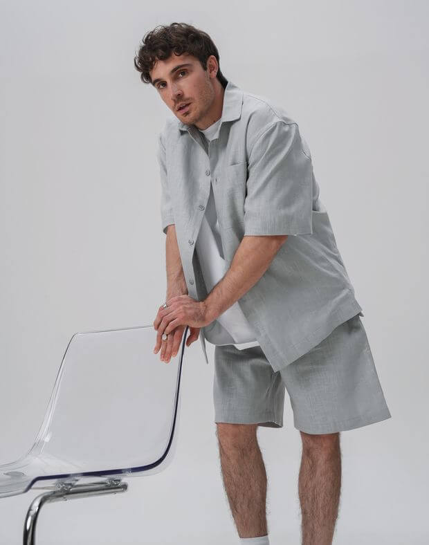 Комплект чоловічий з текстурної тканини шорти та сорочка, сіро-блакитні - Фото 4
