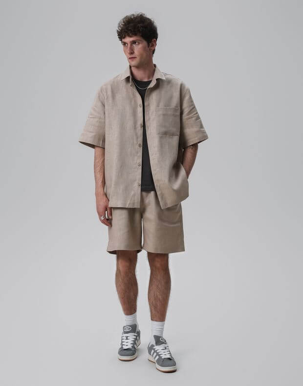 Комплект чоловічий з текстурної тканини шорти та сорочка, капучіно - Фото 7