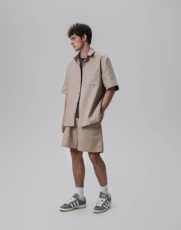 Комплект чоловічий з текстурної тканини шорти та сорочка, капучіно - Фото 3
