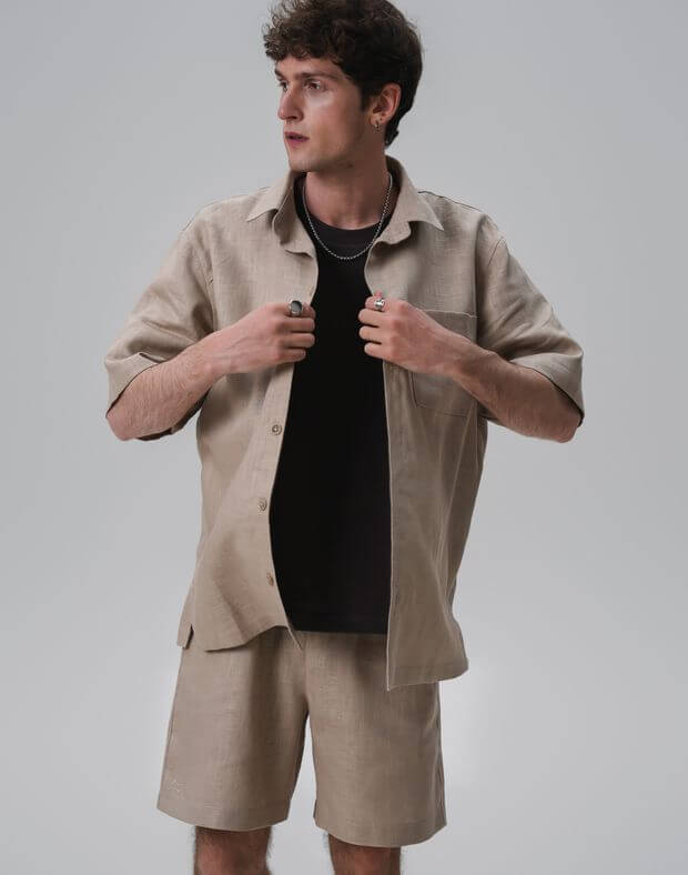 Комплект чоловічий з текстурної тканини шорти та сорочка, капучіно - Фото 6