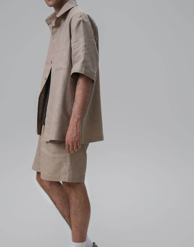 Комплект чоловічий з текстурної тканини шорти та сорочка, капучіно - Фото 5