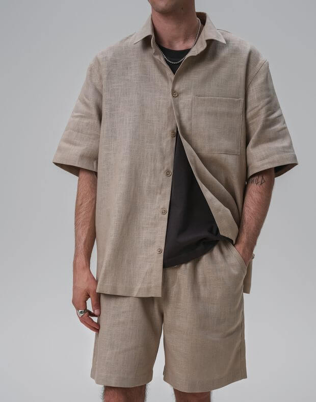 Комплект чоловічий з текстурної тканини шорти та сорочка, капучіно - Фото 4