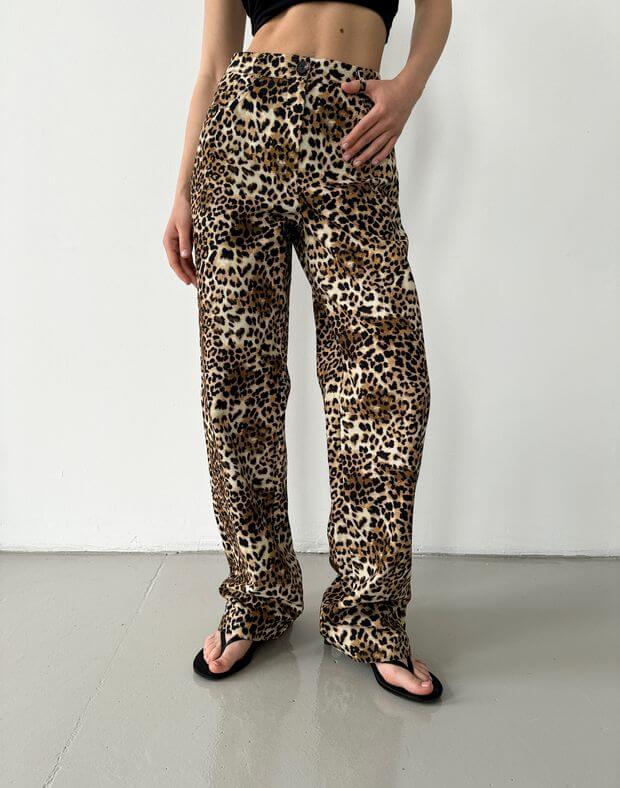 Штани текстильні прямого крою, леопардовий принт - Фото 1