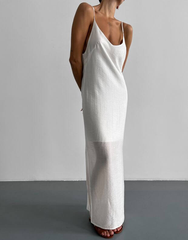 Сукня максі прямого силуету та розрізами по боках, біла - Фото 1