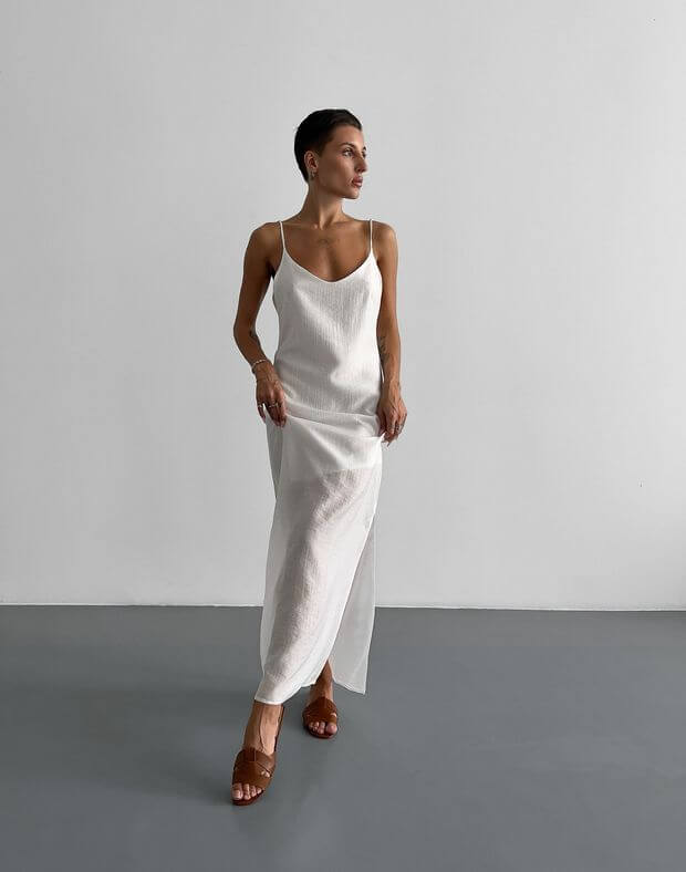 Сукня максі прямого силуету та розрізами по боках, біла - Фото 3