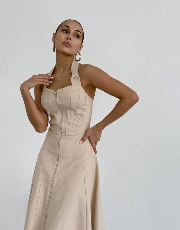 Сукня міді з котонової тканини на блискавці та моделюючими швами, бежева - Фото 8