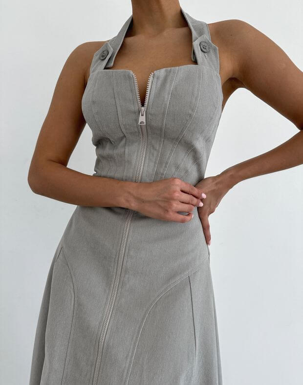 Сукня міді з котонової тканини на блискавці та моделюючими швами, капучіно - Фото 5