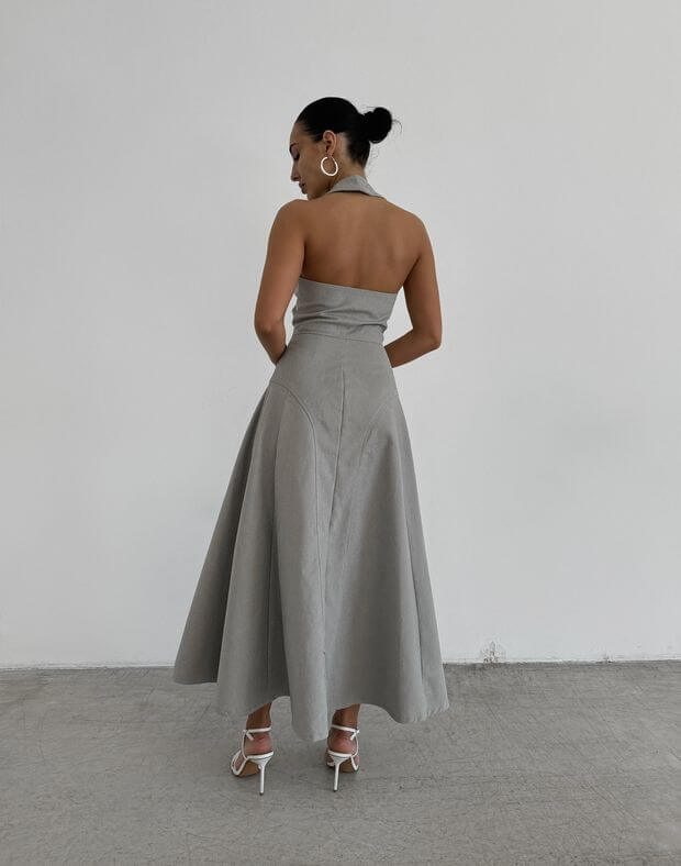 Сукня міді з котонової тканини на блискавці та моделюючими швами, капучіно - Фото 2