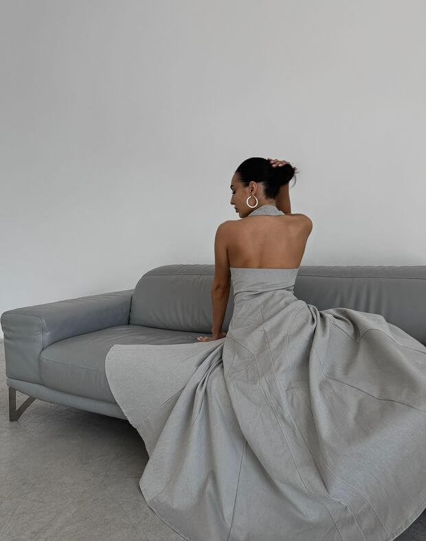 Сукня міді з котонової тканини на блискавці та моделюючими швами, капучіно - Фото 3