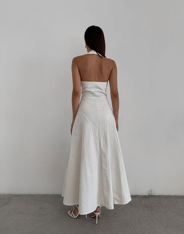 Сукня міді з котонової тканини на блискавці та моделюючими швами, молочна - Фото 2