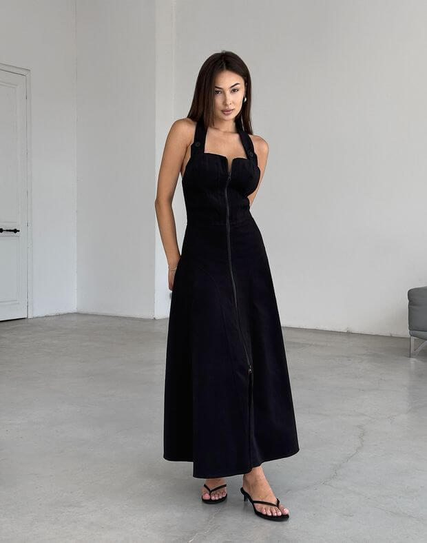 Сукня міді з котонової тканини на блискавці та моделюючими швами, чорна - Фото 1