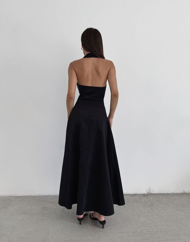 Сукня міді з котонової тканини на блискавці та моделюючими швами, чорна - Фото 2