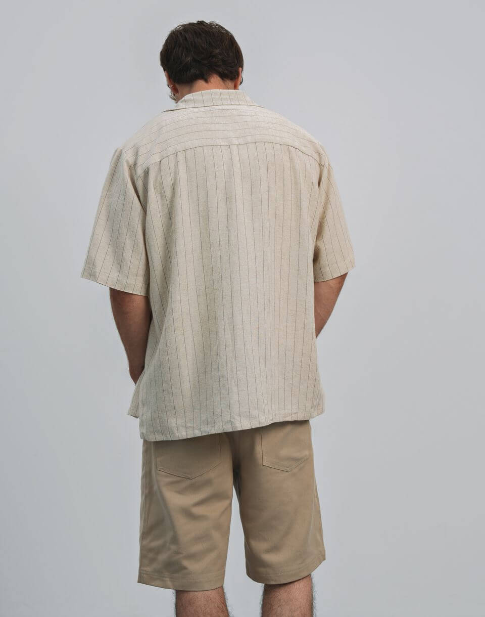 Чоловіча сорочка літня льняна у смужку, бежева - Фото 2
