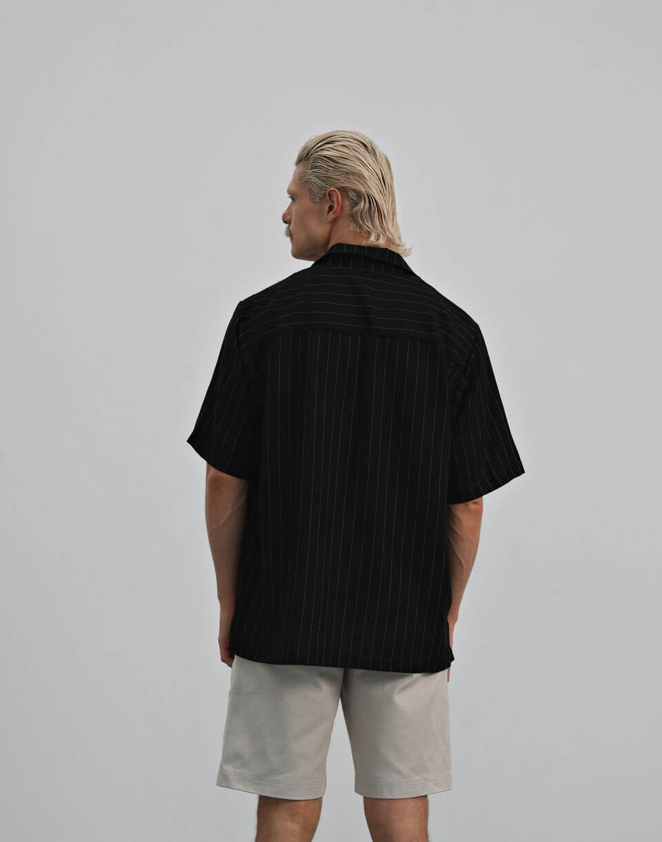 Чоловіча сорочка літня льняна у смужку, чорна - Фото 2