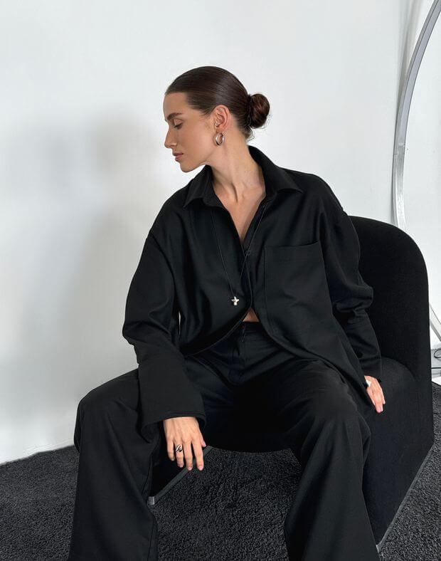 Комплект осінньо-зимовий сорочка оверсайз та штани базові, чорні - Фото 7