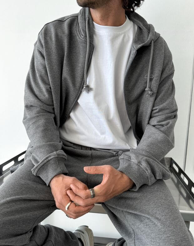 Męski letni zestaw basic – bluza na zamek i joggery, ciemny melanż - Фото 8