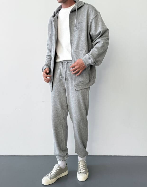 Męski letni zestaw basic – bluza na zamek i joggery, szary melanż - Фото 1