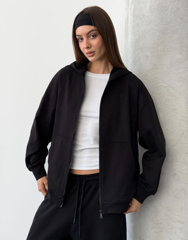 Jesienna bluza oversize na zamek, czarny - Фото 6