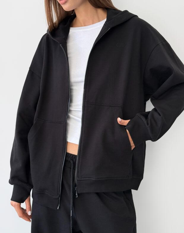 Jesienny komplet oversize – bluza na zamek i luźne spodnie, czarny - Фото 5