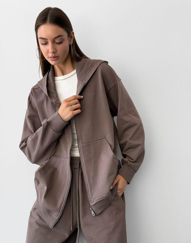 Jesienna bluza oversize na zamek, kawowy - Фото 4