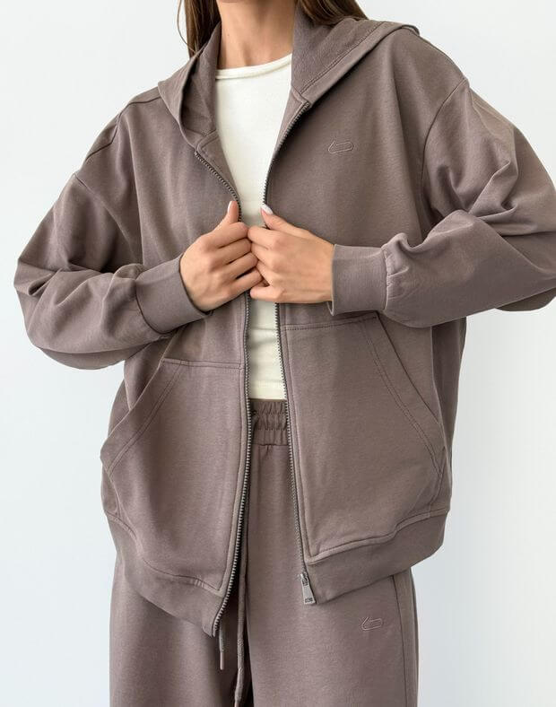 Jesienna bluza oversize na zamek, kawowy - Фото 6