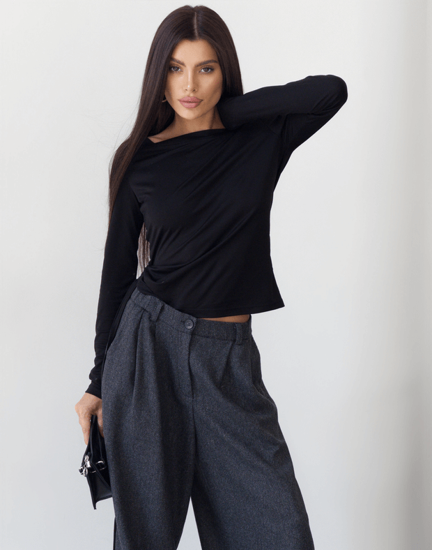 Лонгслів з широким воротом та затяжкою, чорний - Фото 6