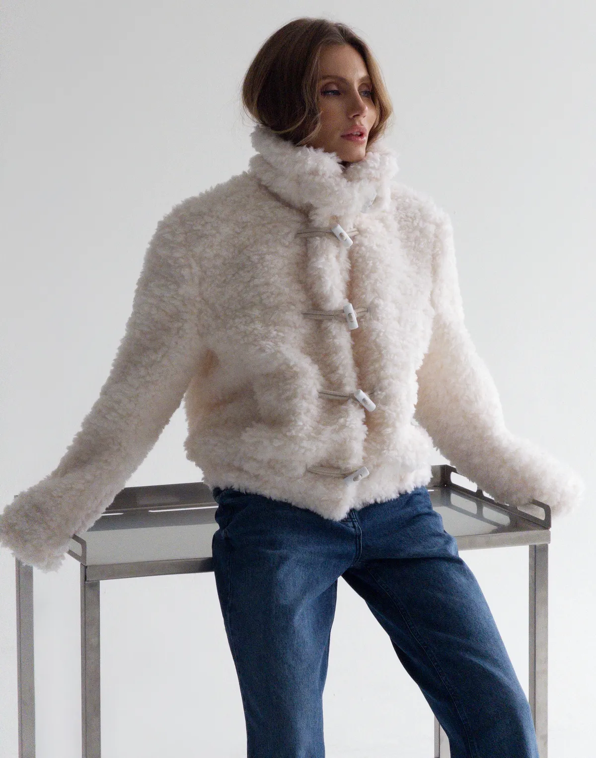 Kurtka teddy z naturalnej 100% wełny ze stójką, biały - Фото 8